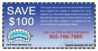 This coupon may be used towards the purchase of a new fence supplied and installed by Guardian Pool Fence Systems, Inc.