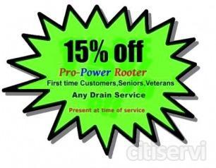 We offer 15% off any drain cleaning service for all new customers, seniors and military.